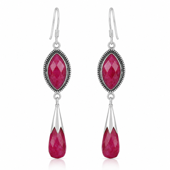 Natural Ruby Dangle Earrings in 925 Sterling Silver – Handmade Marquise & Teardrop Red Gemstones, Elegant Drop Earrings Jewelry Gift for Women