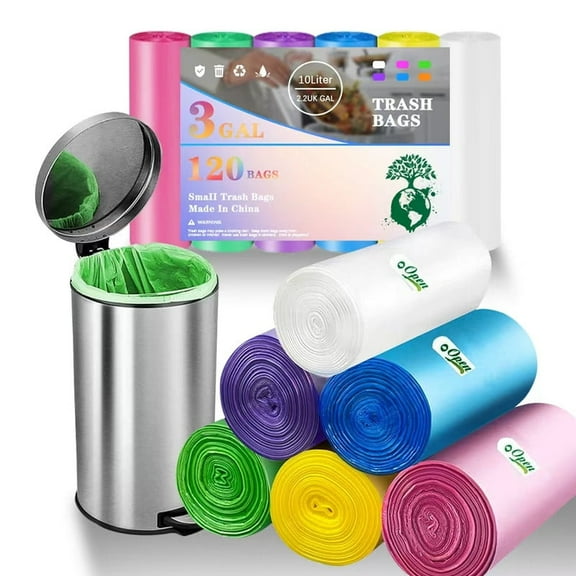 3 Gallon Trash Bags, 120 Coloured Garbage Bags, 10 Litre Bin Liner for Bathroom, Kitchen, Office, Bedroom