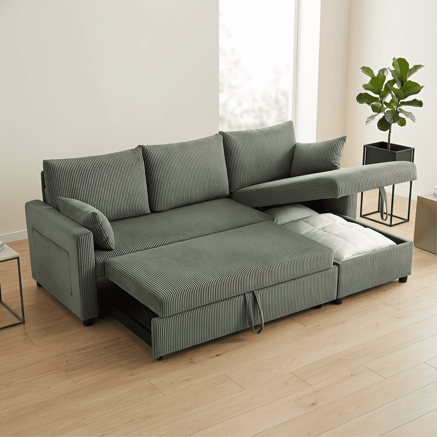 Leumius Sectional Sofa with Pull Out Sofa Bed,L Shaped Corduroy Sofa Couch with Storage Chaise,3 Seater Convertible Sectional Couch for Small Living Room, Apartment, Office,Olive Drab