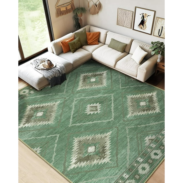 Area Rug 8x10 Rug Machine Washable Non-Slip Low Pile Print Pattern Western for Living Room Bedroom Sage