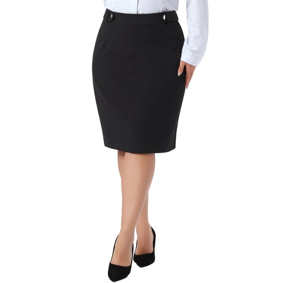 Agnes Orinda Women's Plus Size Pencil Skirt Button Decor Zipper High Waist Stretchy Bodycon Knee Length Formal Business Casual Skirts 1X Black