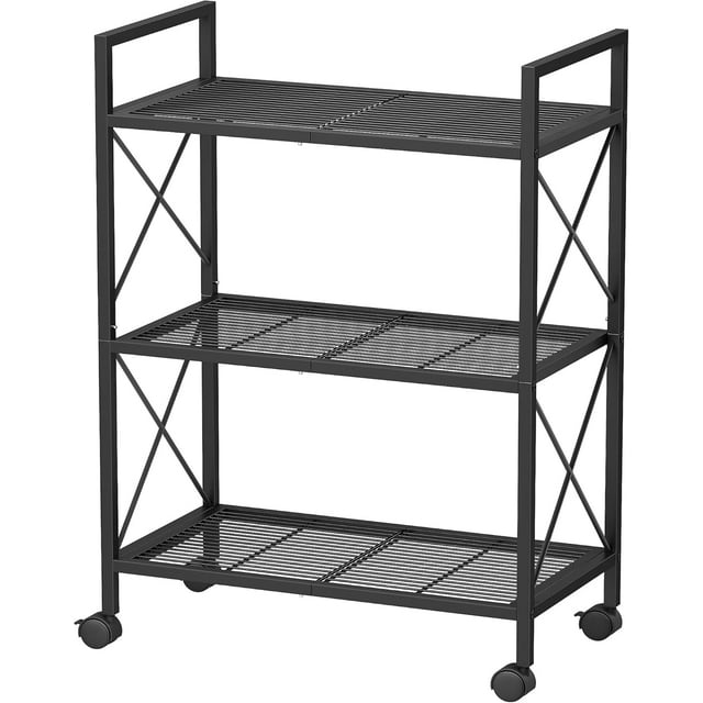 - Metal Storage Rack with Wheels Mesh Shelving Unit with X Side Frames .- Width for Entryway Kitchen Living Room Bathroom Industrial Style UBSCB