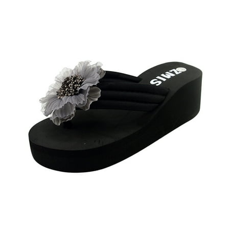 

HGWXX7 Womens Ladies Summer Flower Home Wedges Beach Shoes Sandals Flip Flops Slippers Shoes For Women Grey 37
