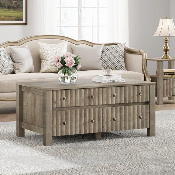 WAMPAT Modern Coffee Table, Rectangle Coffee Table with 2 Large&2 Small Sliding Storage Drawers, 41 inch Tea Center Table with Thick Wood Legs for Living Room, Vintage Grey