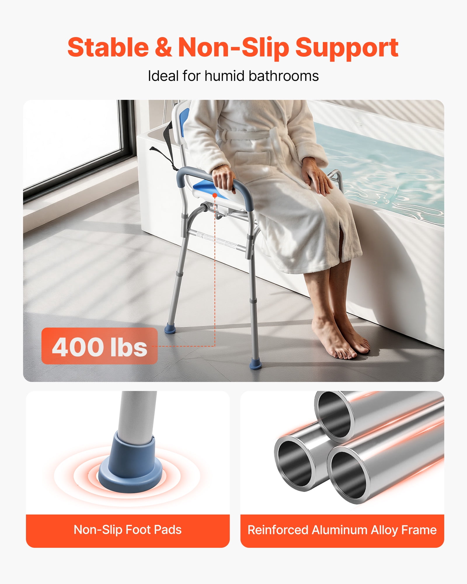 VEVOR Sliding Shower Chair, 400 lbs Tub Transfer Bench for Bathtub with Swivel Seat, Padded Shower Bench with Arms and Backrest, Height Adjustable for Handicap, Adults, Seniors, Elderly and Disabled