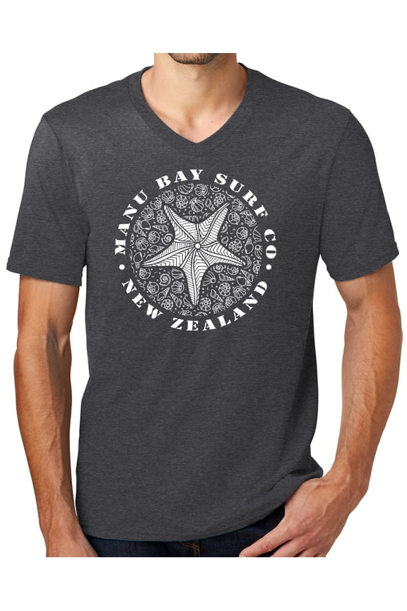 Mens Manu Bay Surf Company WHITE STARFISH Surfer T-shirt, 2XL Heathered Charcoal