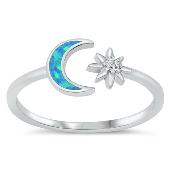 CHOOSE YOUR COLOR Blue Simulated Opal Adjustable Moon Star Ring .925 Sterling Silver Band White CZ Female Size 9