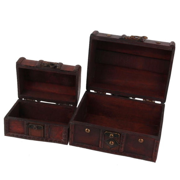 Milaget 2 IN 1 VINTAGE SMALL & BIG JEWELRY STORAGE TREASURE CHEST HANDMADE WOOD BOX CASE
