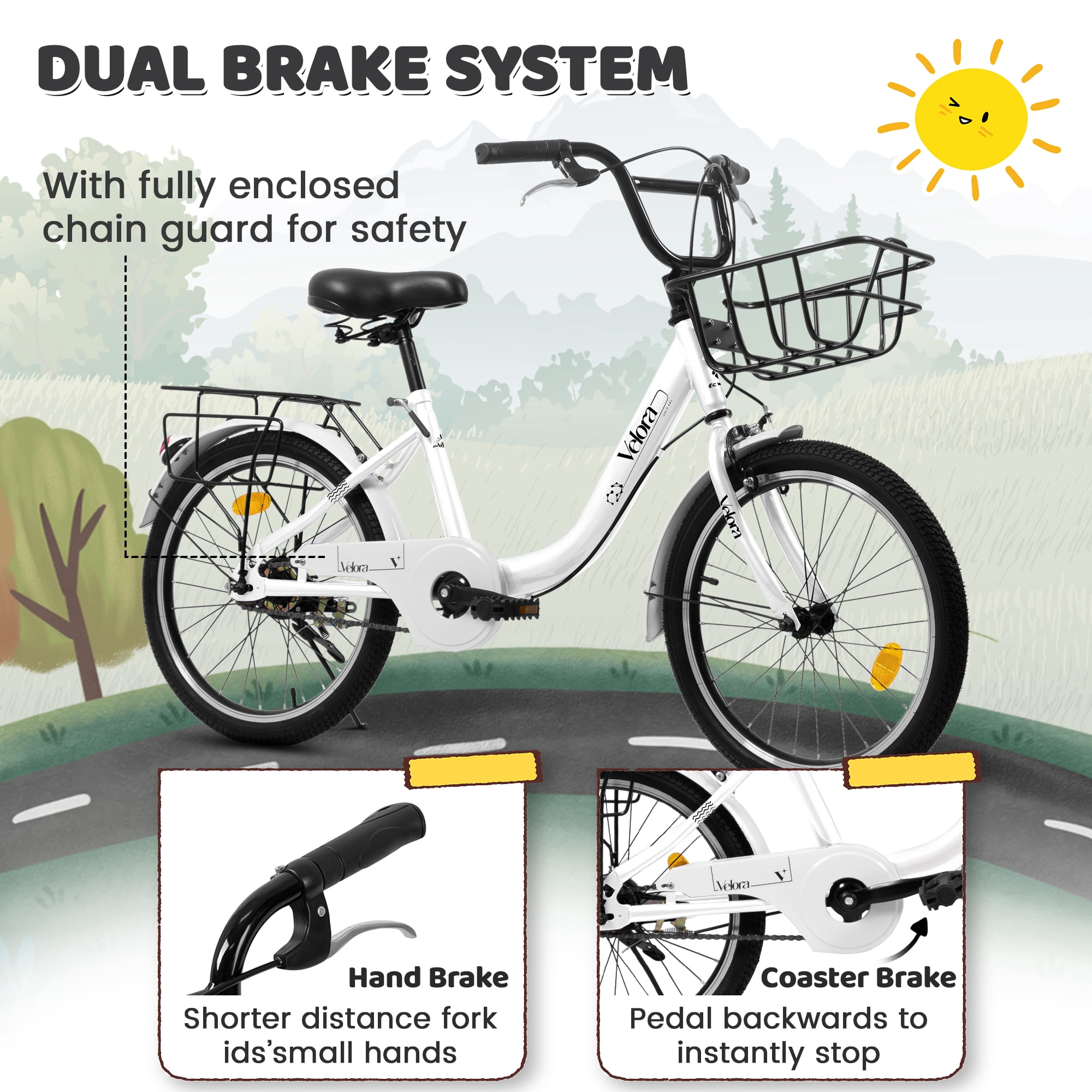 Aukfa 20" Kids Bike,Children's Bicycle with Coaster Brake & Rear Rack & V-Brake,White