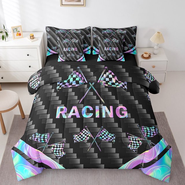 Erosebridal Girls Extreme Sports Bedding Queen Size, Racing Flag Buffalo Comforter Sets with Sheets, Pink Blue Black Gradient Room Decor, Reversible 7pcs