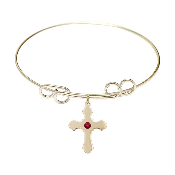 8 inch Round Double Loop Bangle Bracelet w/ Cross medal charm w/ July Red Swarovski Crystal