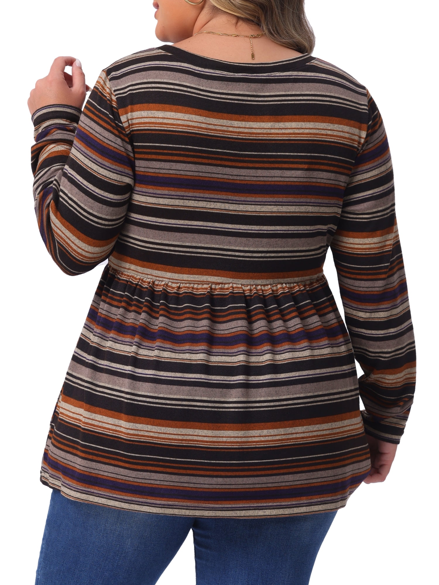 DARING DIVA Women's Plus V Neck Stripe Peplum Knit Blouse 3X Brown