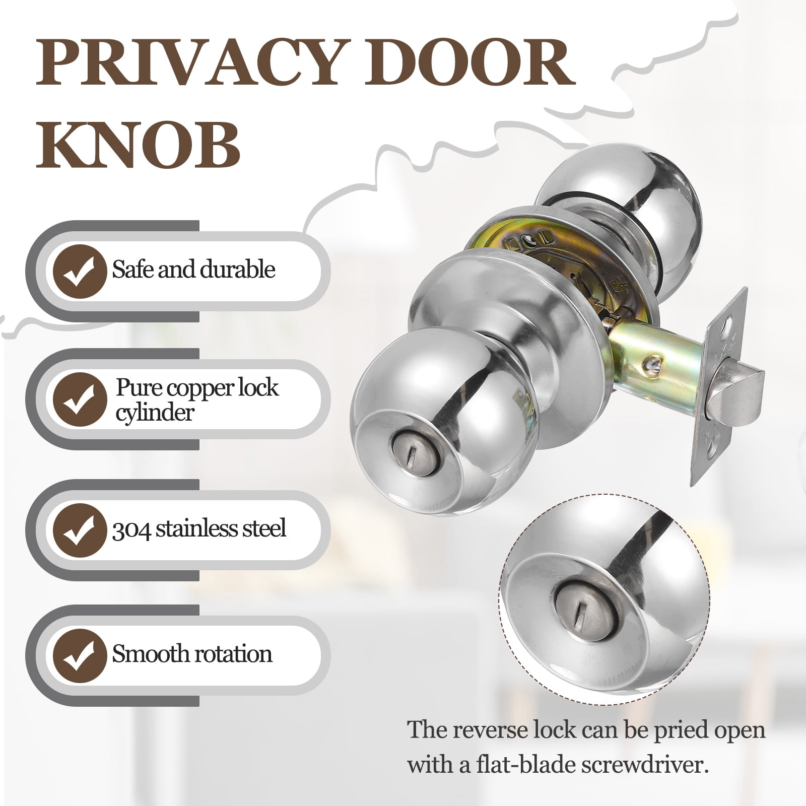 Privacy Door Knob, Round Interior Door Handles Keyless Turn Lock Doorknob with Screws Fits 0.98"-1.77" Thickness for Bedroom, Bathroom Closets, Silver Tone