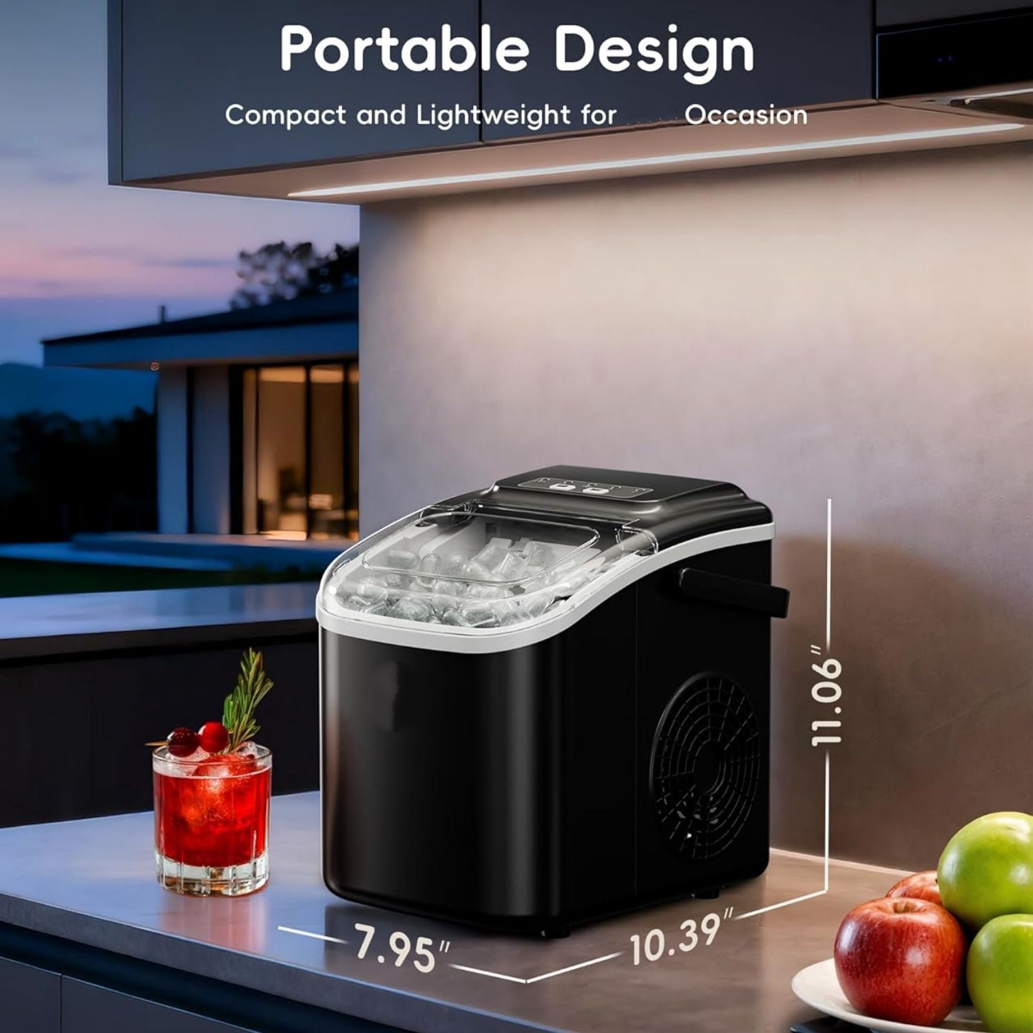 Portable Ice Makers Countertop, 8 Cubes in 6 Mins, 26lbs/Day, Bullet Ice Maker Machine with 2 Ice Sizes, Self-Cleaning Ice Maker with Carry Handle for Home/Kitchen/Party/Travel