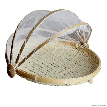 

Covered Bamboo Food Serving Tent Basket Fruit Vegetable Bread Cover Storage
