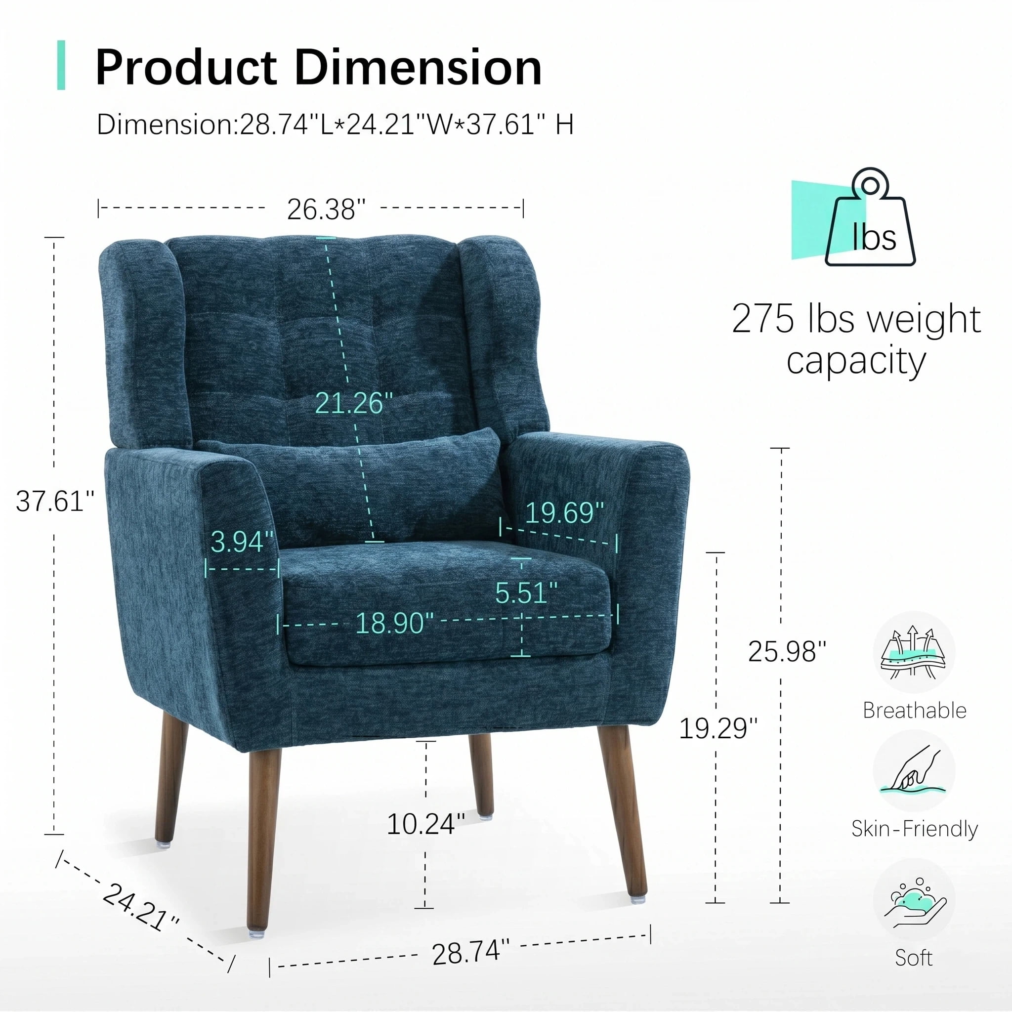 AISWORD Modern Accent Chair, Upholstered Armchair with Pillow, Fabric Single Sofa Chair with Lounge Seat and Wood Legs Accent Chair for Living Room Bedroom Small Spaces, Dark Blue