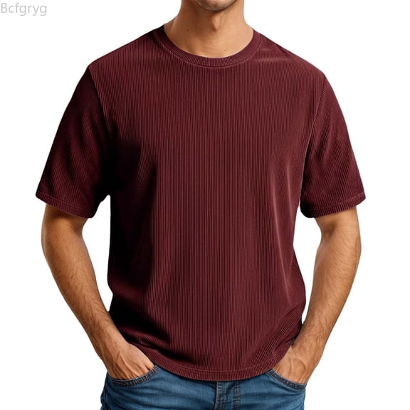 Bcfgryg Corduroy Crewneck T Shirt Soft Textured Casual Short Sleeve Tee Comfortable Relaxed Fit Basic Solid Color Top For Everyday Wear Men's T Shirts Red L