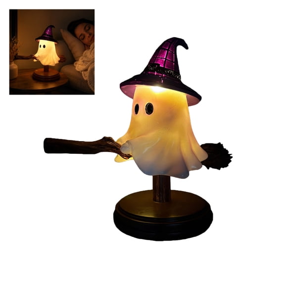 Halloween Ghost on Broom USB Lamp, Cute Ghost on Broomstick with Stained Glass Witch Hat 3D Night Light, Warm Soothing Glow, Tabletop Ornament Decoration for Desk Bookshelf Bedside