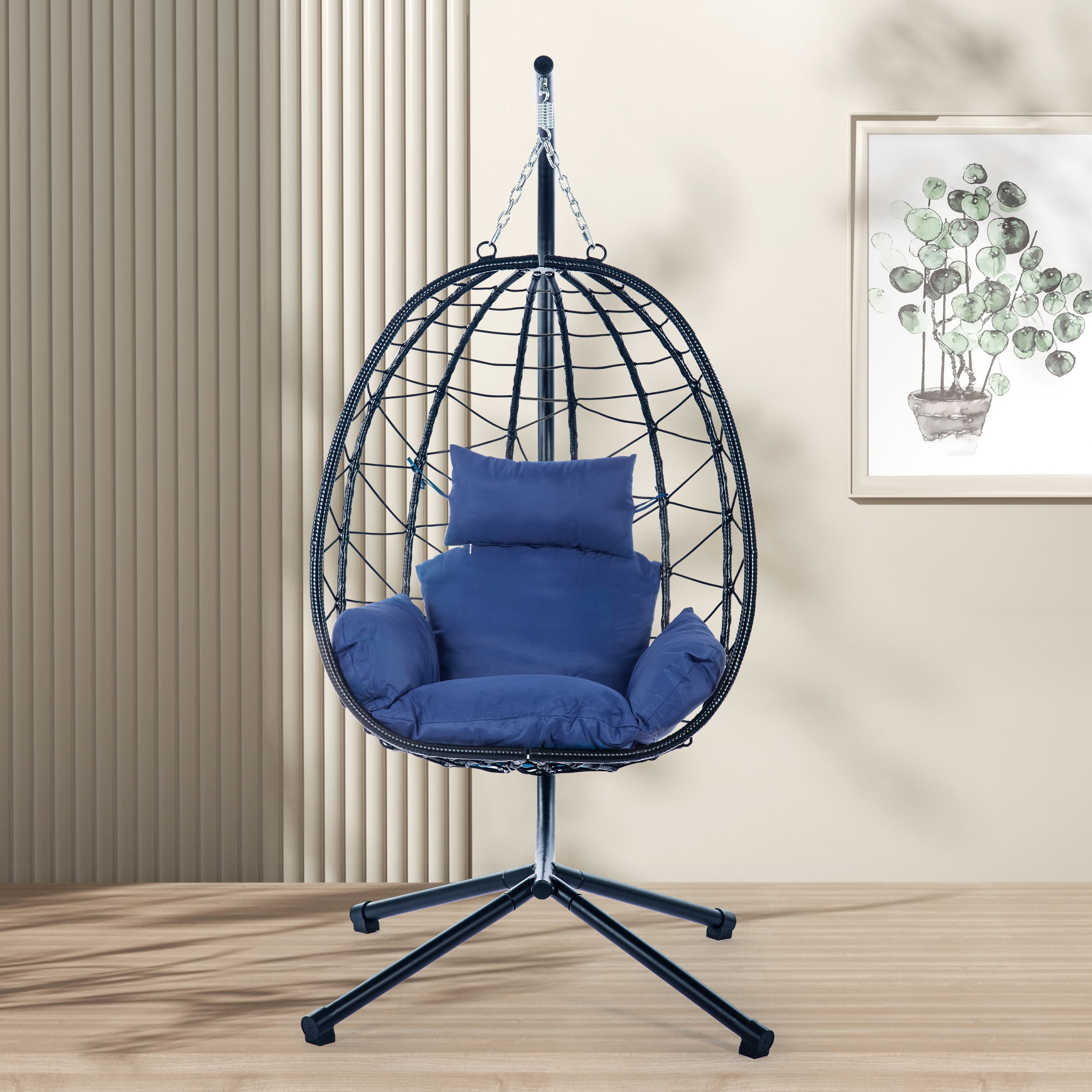 Hanging Egg Chair with Stand, Indoor Outdoor PE Wicker Swing Basket Hammock Chair, 350lbs Capacity with Washable Deep Blue Cushion for Bedroom Living Room Balcony Patio Garden