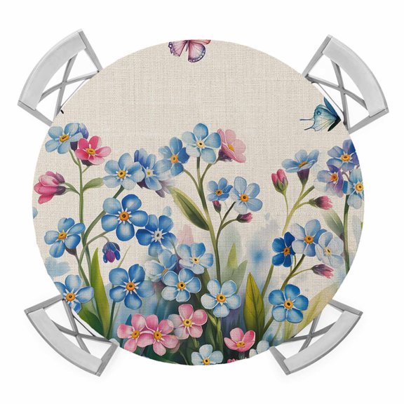 Elastic Fitted Round Tablecloth, Blue Spring Floral Waterproof Stretch Table Cover for 45"-54" Tables, Pink Flowers Butterfly Rustic Washable Outdoor Tablecloths for Patio, Picnic, Camping