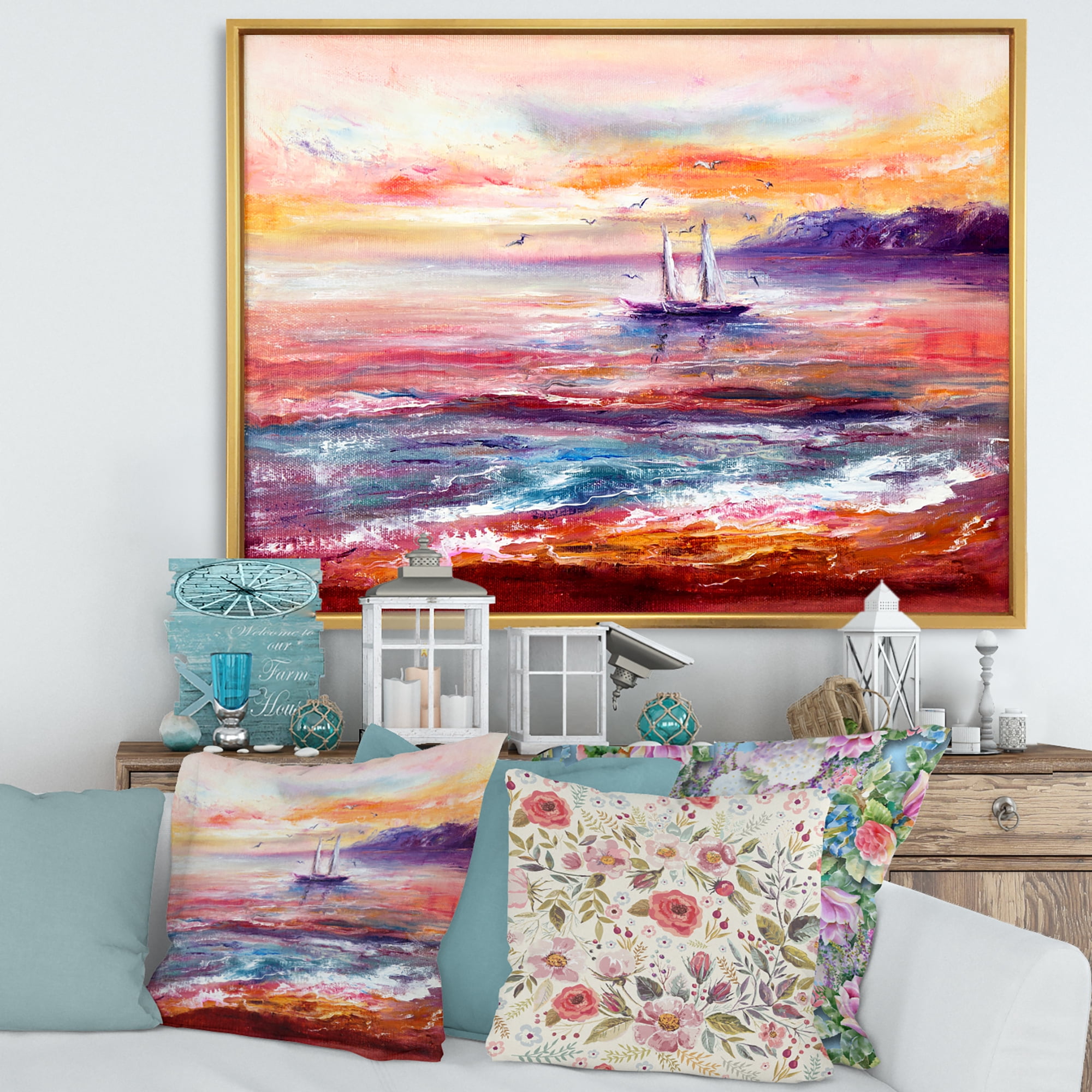 Designart 'Boat On The Ocean During VIbrant Sunset Glow' Nautical & Coastal Framed Canvas Wall Art Print