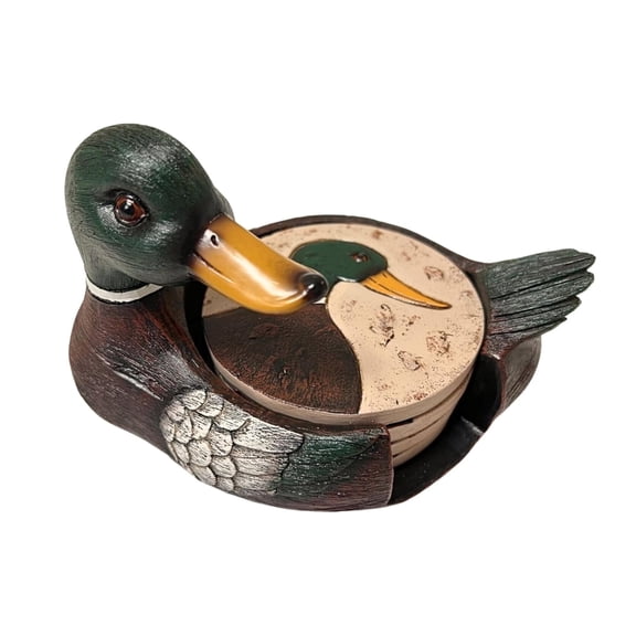 Mallard Duck Coaster Set of 4 - Round Polyresin Bar Coasters for Drinks, Lakehouse-Themed Kitchen Bar Decoration, Pond and Lake Bird Waterfowl for Tabletop Protection