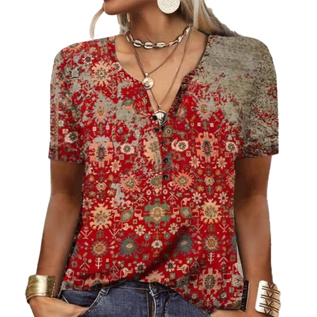 Mujeres verano botón collar manga corta Camiseta impresa casual suelta pullover top