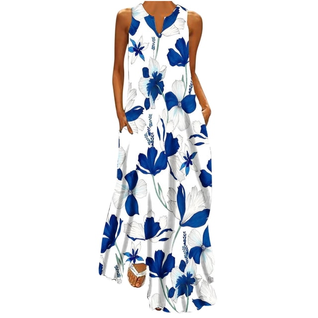 EQWLJWE Longue Robe pour Femmes Femmes Décontractée Ample Imprimée Robe Débardeur Plage Col en V avec Poche Robe d'Été Sans Manches Robes