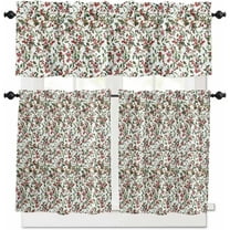 Christmas Kitchen Curtains and Valances Set, Rod Pocket Curtains Tier Farmhouse Window Curtains 36 Inch Length, Retro Rustic Red Berry Xmas Leaves Plants 3 Piece Kitchen Curtains Set
