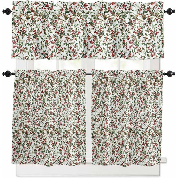 Christmas Kitchen Curtains and Valances Set, Rod Pocket Curtains Tier Farmhouse Window Curtains 36 Inch Length, Retro Rustic Red Berry Xmas Leaves Plants 3 Piece Kitchen Curtains Set
