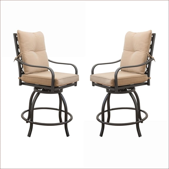 Outdoor Swivel Bar Stools | 2 High Bar Chairs with Cushions for Patio Garden Balcony Backyard | khaki|Metal