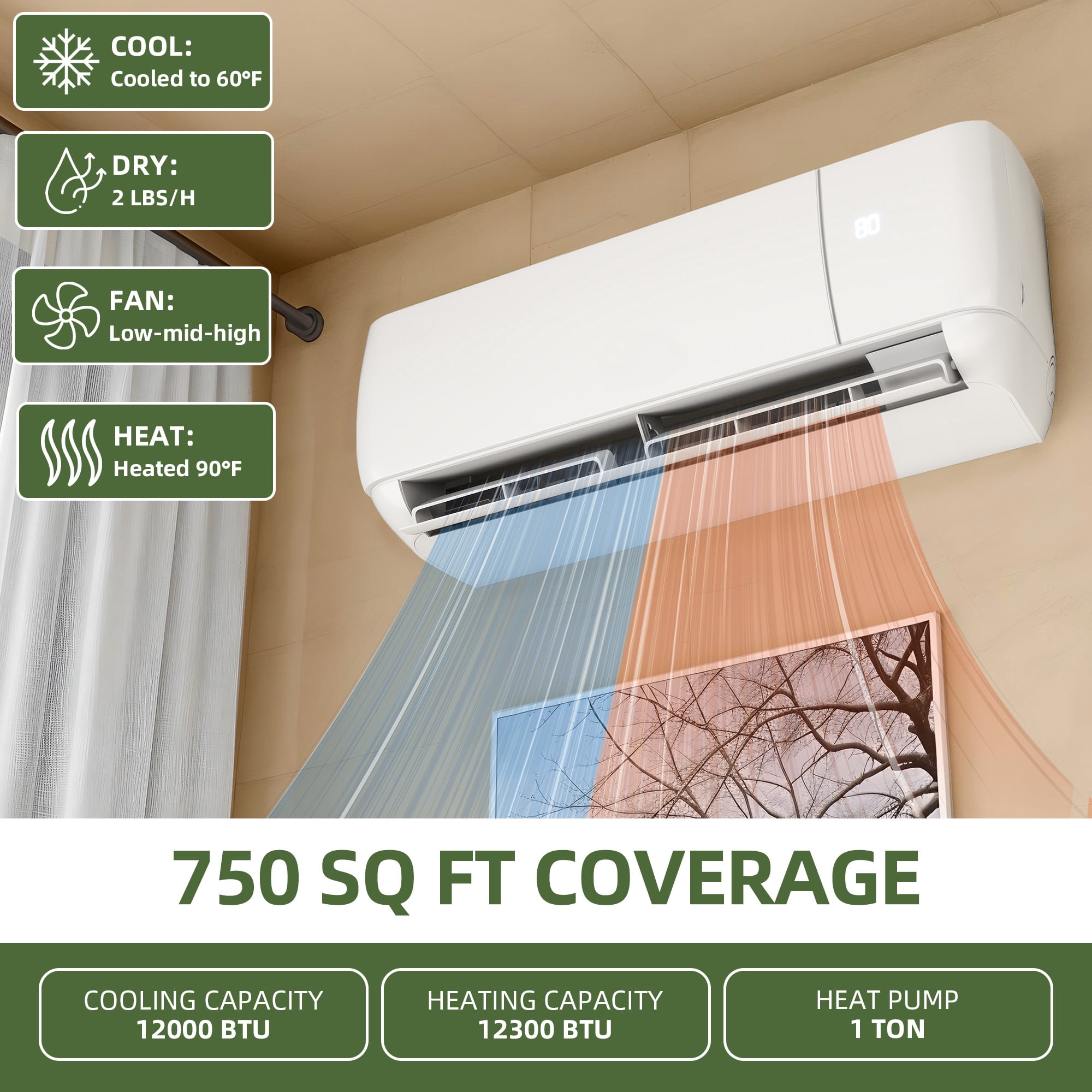 Uforic 12000 BTU Mini Split AC & Heat Pump, 20 SEER2 115V Ductless Inverter, WiFi & Alexa Enabled, 750 Sq. Ft, White with Installation Kit