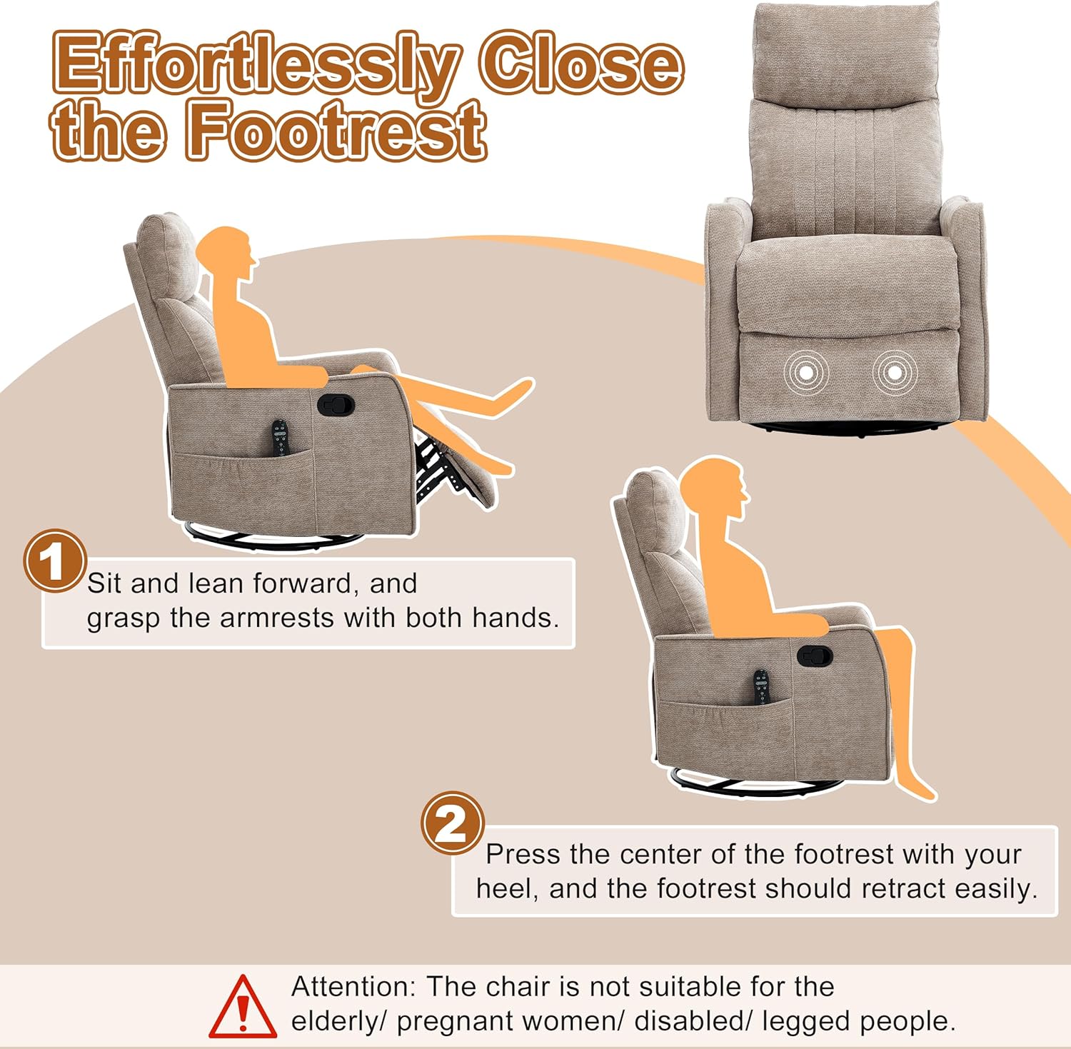 AENKYO Swivel Recliner Chair, Manual Rocking Massage Chair, Heated for Adults, for Living Room,khaki Chenille