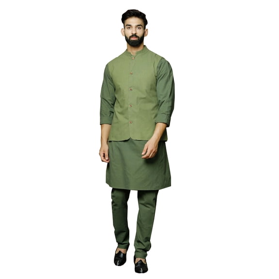 ELINA FASHION Men's Indian Cotton Kurta Pajama And Nehru Jacket (Waistcoat) Ethnic Wedding Diwali Puja Set