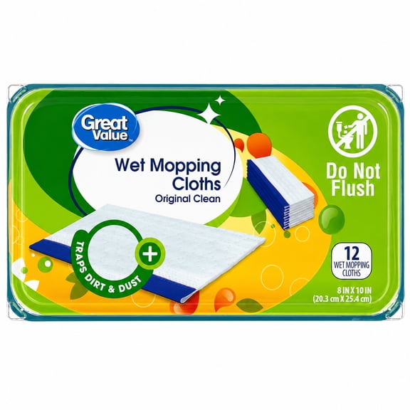 Great Value Wet Mopping Cloths, Original Clean Scent, 12 Count