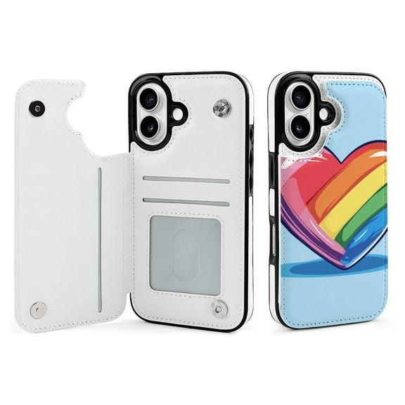 Compatible with iPhone 11 12 13 mini 14 15 16 Pro Max Plus Wallet Case with Card Holder, PU Leather Kickstand Card Slots Case ( Rainbow Heart, iPhone 16)