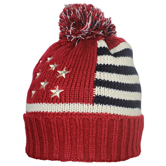 Best Winter Hats Adult Americana Flag Cuffed Knit Beanie W/Pom & Faux Fur Lining - Red/Beige
