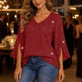 thumbnail image 4 of Stamzod Sparkly Tops for Women Business Casual Mesh Flowy Blouses V-Neck 3/4 Sleeve Split Sequin Tunic Shirt, 4 of 8
