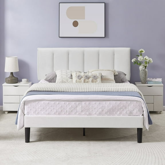VECELO Queen Size Upholstered Platform Bed Frame, Adjustable Headboard and Wooden Slats Support, No Box Spring Needed/Easy Assembly, White