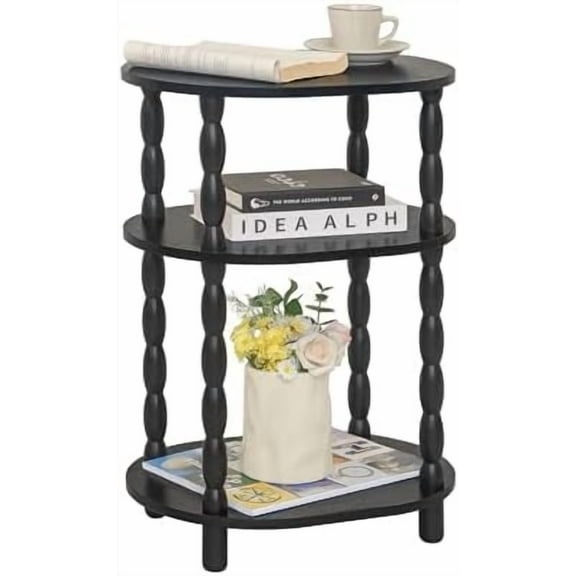 Black Side Table, 3-Tier Small Oval End Table, Modern Night Stand Wood Accent Table for Living Room, Bedroom, Black