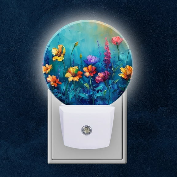 Night Light Plug into Wall,Dusk to Dawn Sensor Auto-On/Off for Bathroom, Hallway,Kids Room-Colorful Wildflowers On Blue Background With Vibrant Colors