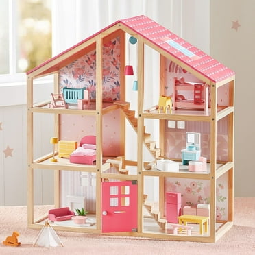 Tiny Land Wooden Dollhouse for Girls - 6 Rooms, 30pcs Furniture, DIY Pretend Play House, Gift for Ages 3 