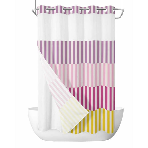 No Hook Cloth Fabric Shower Curtain with Snap in Liner, Colorful Stripe Waterproof Shower Curtains Set with See Through Top Window, Modern Pink Purple Yellow Vertical Striped Bath Curtains 36"x78"