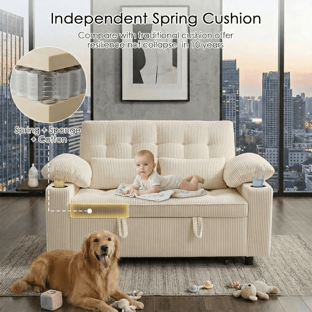 Howcool 58" Sleeper Sofa Bed, Convertible Pull Out Couch Bed Corduroy Loveseat with Adjustable Backrest, USB Charging Ports, Cup Holders & Foldable Side Table for Living Room Apartment,Beige
