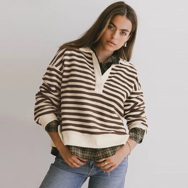 Pull Court à Rayures Contrastées Col en V Fendu Automne et Hiver pour Femmes, Manches Longues Amples