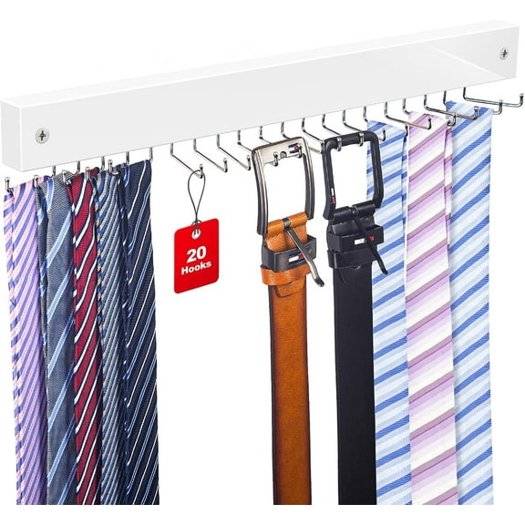 【2 in 1】 1 Pack Tie Organizer Belt Organizer Wall Mounted, Space Saving Tie Rack Belt Hanger for Closet with 20 Storage Hooks, Belt Tie Holder for Closet Organizer Storage White