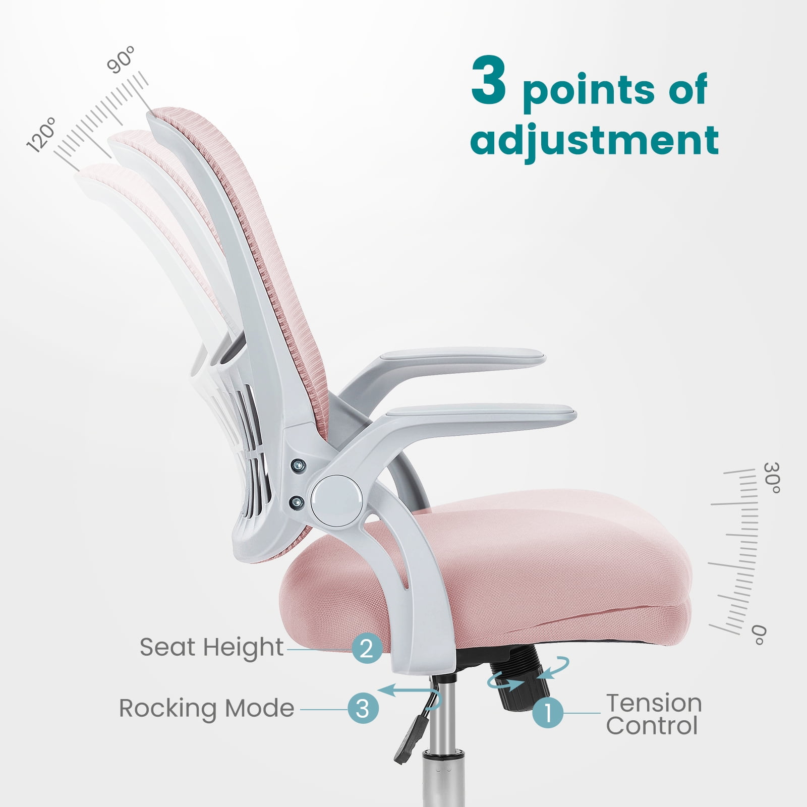 JOINSUN Office Computer Desk Chair, Ergonomic Mesh Mid-Back Rolling Work Swivel Task Chairs with Lumbar Support and Flip-up Arms for Home, Bedroom, Pink
