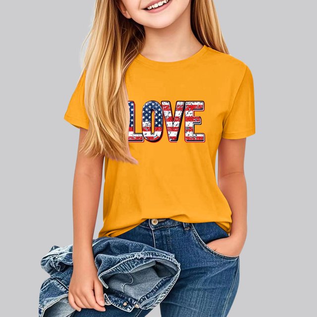 hengsof T-Shirt Imprimé à Thème Patriotique pour Filles, Manches Courtes, Col Rond, Ample et Confortable, Adapté aux Enfants de 2 à 13 Ans