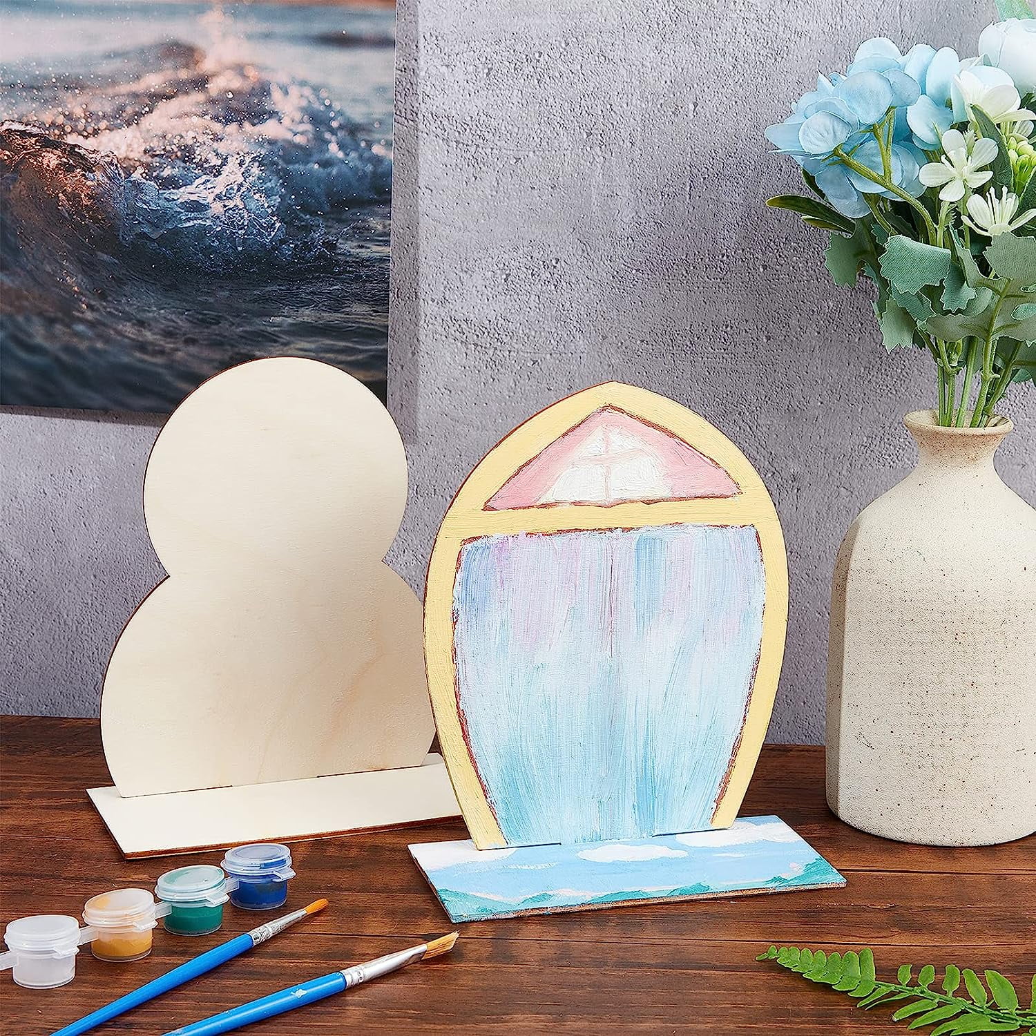 DIY Painting Kits 8 Sets Wooden Painting Molds 2 Pcs Plastic 6 Pots Mini Empty Paint Cups with Lids and 2 Pcs Plastic Paint Brushes Pens for Painting Craft Drawing