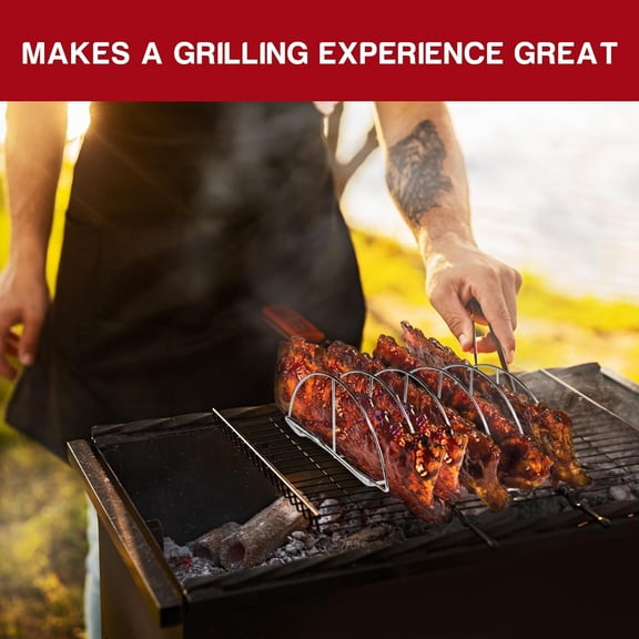 BBQ Rib Rack for Smoking - Heavy Duty  Non-Stick Grill Rib Rack | 5-Slot Stainless Steel Smoker Rack for Ribs | Perfect for Grills, Smokers & Ovens | Easy to Clean Dishwasher Safe Roasting Rack